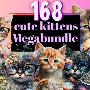 168 Cute Kittens Clip Art Bundle PNG Cat  for commercial use Nursery Decor, Printable Digital Download Design Bundle Cute Pets Clipart Kitty