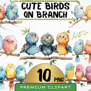 Cute Birds on Branch Clipart 10 Png, Funny Caricature Songbirds, Quirky Bird Watercolor, Silly Animal Png, Digital Print Scrapbooking