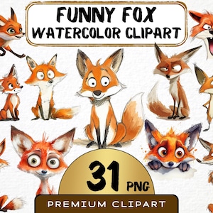 Funny Fox Clipart 31 Png, Cute Caricature Red Fox Quirky Woodland Animal Watercolor, Card Making, Digital Print Scrapbooking, Commercial use