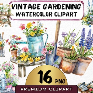 Clipart outils de jardinage rétro aquarelle 16 Png, jardin de printemps, fleurs dans des pots, pelle, illustration d'été, fabrication de cartes, téléchargement immédiat
