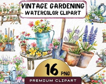 Puede incluir: Conjunto de 16 elementos de jardinería vintage en acuarela, que incluye flores, regaderas, palas y una mesa de madera. Las flores son en tonos de azul, morado, rosa y amarillo. Las regaderas son azules y verdes. Las palas son marrones y plateadas. La mesa es marrón y tiene una tapa blanca.