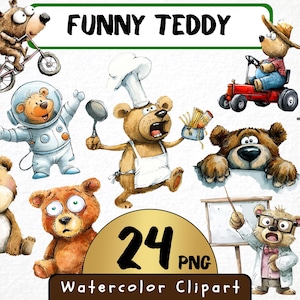 Funny Teddy Clipart 24 Png, Cute Caricature Woodland Animals Art, Quirky Brown Bear Watercolor, Cartoon Teddy Digital Prints, Sublimation