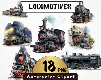 Watercolor Steam Train Clipart, Vintage Locomotives PNG (Instant Download)