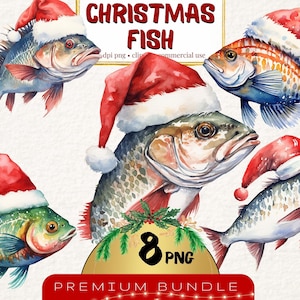 Clipart di pesci divertenti di Natale, set di 8, animali festivi ad acquerello, png di pesci di Natale, clipart di animali di Natale, scrapbooking, png digitale