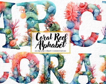 Watercolor Nautical Alphabet Clip Art Font Coral Reef Watercolor Clipart Capital Letters Ocean Letters ABC Bundle Digital Prints Crafting