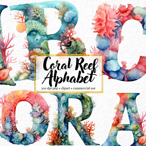 Watercolor Nautical Alphabet Clip Art Font Coral Reef Watercolor Clipart Capital Letters Ocean Letters ABC Bundle Digital Prints Crafting