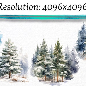 May include: Watercolor painting of a snowy forest scene with pine trees and a pine cone. The trees are covered in snow and the ground is white. The pine cone is brown and has a green stem.