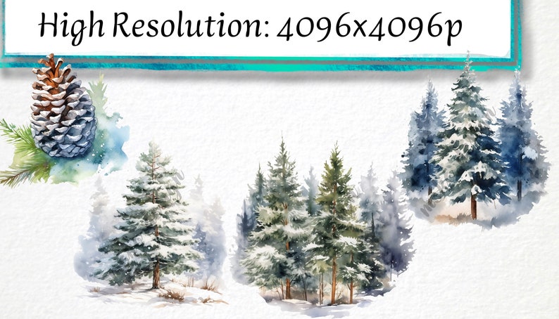 May include: Watercolor painting of a snowy forest scene with pine trees and a pine cone. The trees are covered in snow and the ground is white. The pine cone is brown and has a green stem.