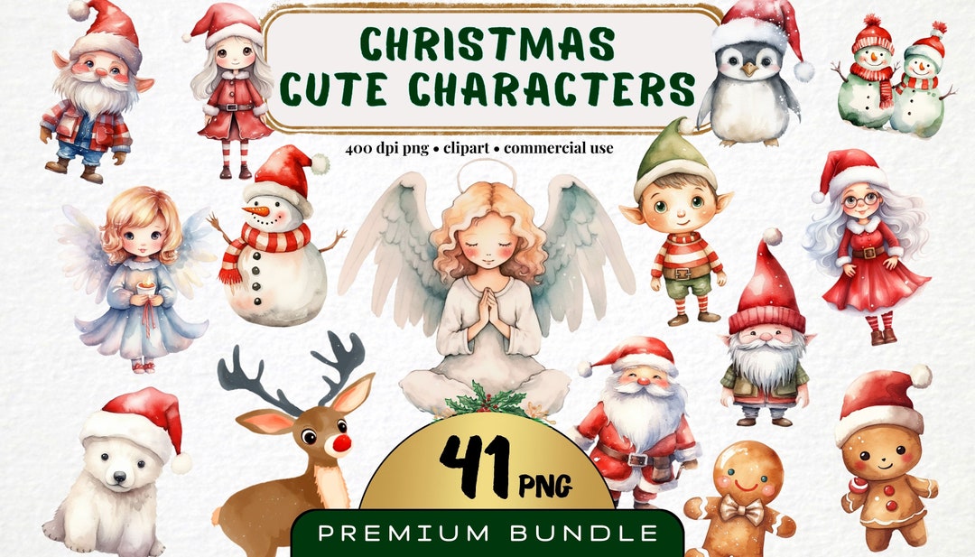 Cute Christmas Character Clipart Set of 41 Watercolor - Etsy