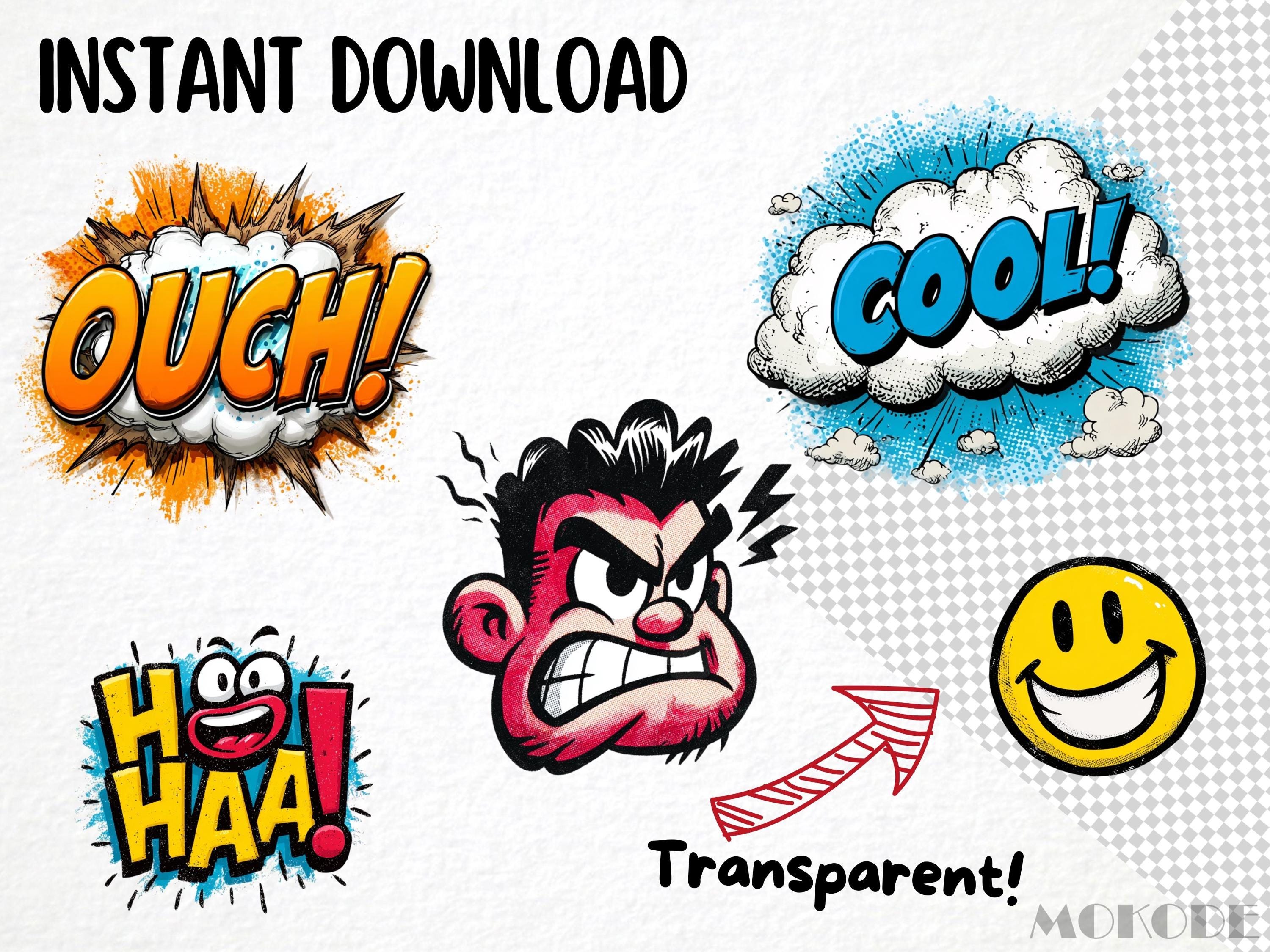 Comic Signs Clipart Bundle – 50 PNG Cartoon Symbols, Speech Bubbles ...
