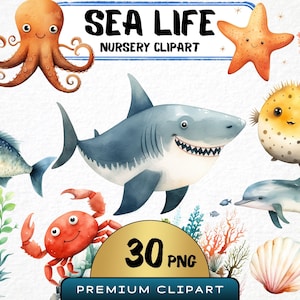保育園の海の生き物のクリップアート、30 PNG、かわいい海の動物、水彩サメ、魚のアート、クジラのPNG、保育園のプリント、スクラップブック、貝殻アート、
