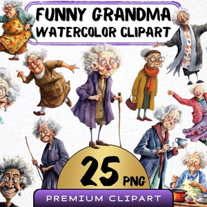 Clipart divertente della nonna 25 Png, Caricatura della vecchia signora, Acquerello della donna, Ritratto di persona anziana, Nonno dei cartoni animati, Arte digitale, Scrapbooking