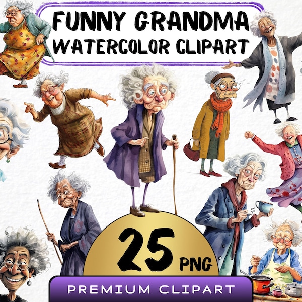 Lustige Oma Clipart 25 Png, Karikatur alte Dame, Frau Aquarell, ältere Person Porträt, Cartoon Großelternteil, digitale Kunst, Scrapbooking