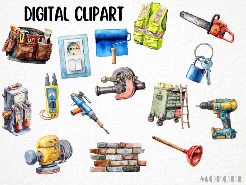 May include: Watercolor digital clipart featuring various construction tools and equipment. Includes a tool belt, electrical outlet, paint roller, safety vest, chainsaw, padlock with keys, and more. The text "DIGITAL CLIPART" is at the top.