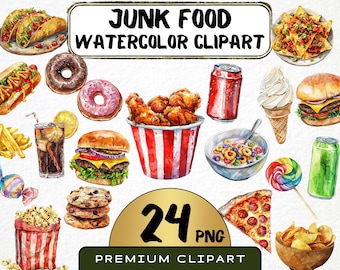 Junk Food Watercolor Clipart, Fast Food PNG Graphics (Commercial Use)