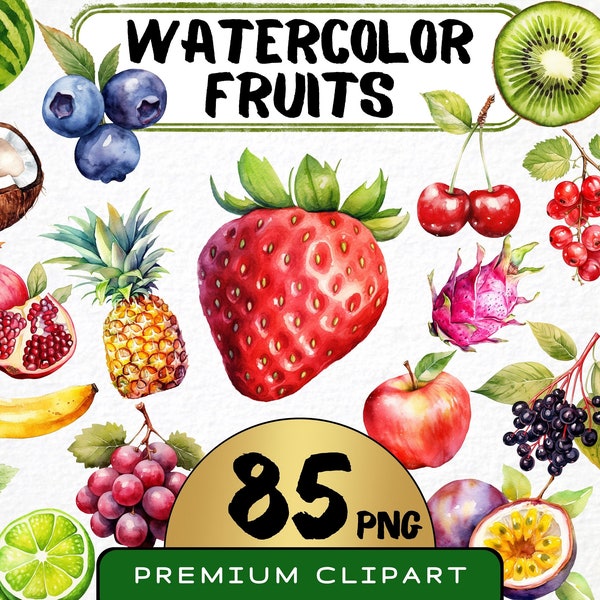 Clipart aquarelle de fruits sucrés 85 Png, illustration de pomme, collection de fruits, graphiques de fruits d'été, téléchargement numérique instantané, fabrication de cartes