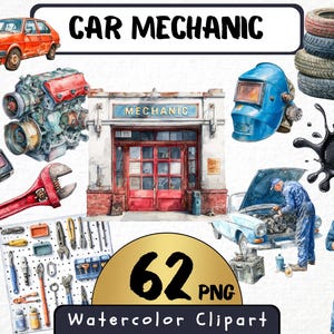 Puede incluir: Conjunto de imágenes prediseñadas de acuarela con elementos de mecánico de automóviles. Incluye un coche rojo, motor, llaves, llave inglesa, taller mecánico, máscara de soldadura, neumáticos, derrame de aceite, herramientas y un mecánico trabajando en un coche. También está presente el texto "CAR MECHANIC" y "62 PNG Watercolor Clipart".