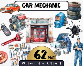 Car Mechanic Clipart 62 PNG, Watercolor Auto Repair Tools, Garage Equipment, Cars, Mechanic Characters Digital Workshop Art Instant Download