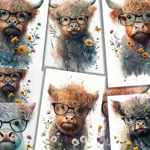 K&ouml;nnte beinhalten: Eine Sammlung von sechs digitalen Kunstdrucken mit schottischen Hochlandrindern, die Brillen tragen und von Aquarellblumen umgeben sind. Die K&uuml;he sind alle in verschiedenen Farben gehalten und haben unterschiedliche Gesichtsausdr&uuml;cke.