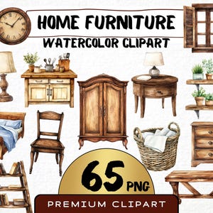 Muebles para el hogar Clipart 65 Png, Ilustración de sala de estar vintage con acuarela, Mesa Png, Silla de madera, Muebles clásicos antiguos Descarga digital