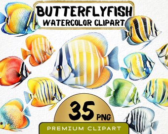 Watercolor Butterflyfish Clipart, Tropical Fish PNG, Sea Animal Art (Digital File)