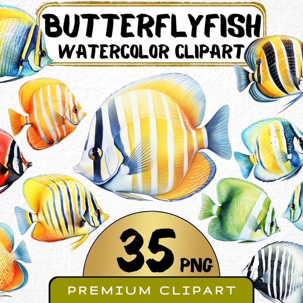 Watercolor Butterflyfish Clipart 35 Png, Cute Tropical Marine Life Art, Sea Animal illustration, Printable Digital File, Invitation card