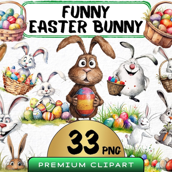 Funny Easter Bunny Clipart 33 Png, Cute Caricature Easter Egg, Quirky Rabbit Watercolor, Cartoon Animal, Digital Print, Spring Scrapbooking