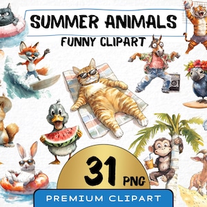 Funny Summer Animals Clipart 31 Png, Tropical Hawaii Beach Cat Watercolor, Quirky Dog Sunglasses, Vacation Cards Digital Prints Scrapbooking