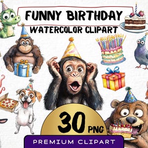 Funny Birthday Animals Clipart 30 Png, Silly B-day Party Hat Pets, Happy Birthday Greeting Card Graphic, cartoon quirky cat Digital Prints
