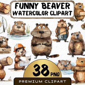 Imágenes prediseñadas de castor (38 imágenes PNG), caricatura de animal del bosque, presa de castor en acuarela, castor peculiar, madera PNG, impresión digital para scrapbooking