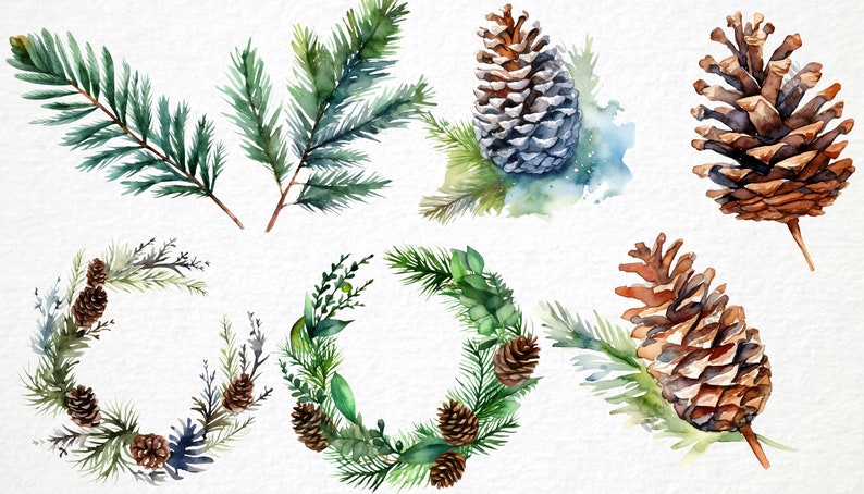 May include: Watercolor illustrations of pine cones and branches. The illustrations are in shades of green, brown, and blue. There are two wreaths, one with pine cones and the other with pine cones and leaves.