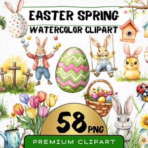 Easter Spring Clipart 58 Png, Cute Caricature Easter Egg, Quirky Rabbit Watercolor, Cartoon Bunny, Cross Digital Prints Commercial Use