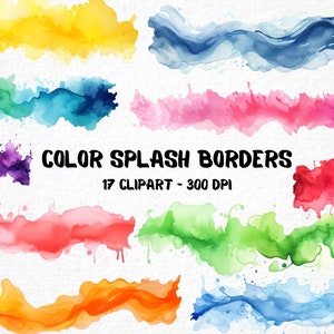 May include: A set of 17 watercolor clipart borders in various colors, including yellow, blue, green, purple, pink, red, and orange. The borders are in the shape of waves and splashes, and they are perfect for adding a touch of color and whimsy to your designs.