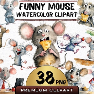 Funny Mouse Clipart 38 Png, Cute Caricature Mice, Rodent Animal Watercolor, Cartoon Animal Illustration, Digital Prints, Junk Journal