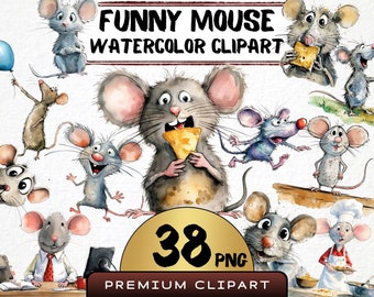 Clipart di topi divertenti 38 Png, caricature di topi carini, acquerello di animali roditori, illustrazione di animali dei cartoni animati, stampe digitali, diario spazzatura