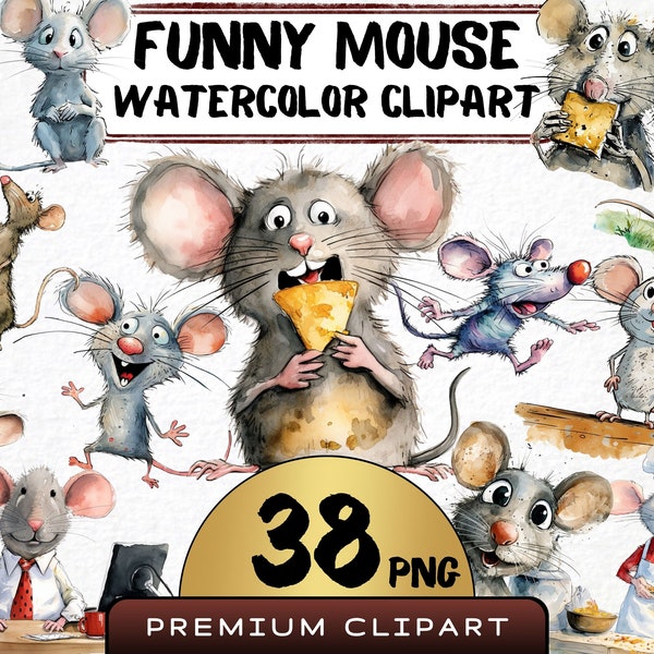 Funny Mouse Clipart 38 Png, Cute Caricature Mice, Rodent Animal Watercolor, Cartoon Animal Illustration, Digital Prints, Junk Journal