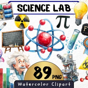 Clipart 89 Png de laboratoire de sciences, illustration aquarelle d'atome radioactif de physique, expérience de classe de chimie, téléchargement numérique de formule de maths