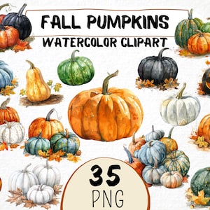Aquarel herfst pompoen clipart 35 png, Halloween pompoenen herfst thema, herfstbladeren, zwarte pompoen kunst, digitale download commercieel gebruik