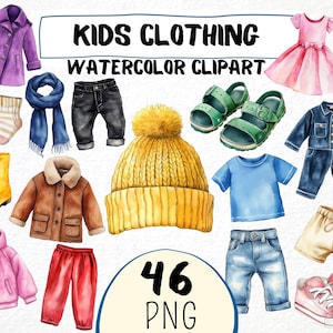 Clipart aquarelle de vêtements pour enfants, 46 png, graphique de vêtements mignons, chemise, chaussures, pantalon, chaussette, affiche de jardin d'enfants usage commercial téléchargement immédiat