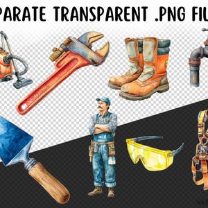 May include: Watercolor illustration of various construction tools and equipment, including a red adjustable wrench, orange work boots, a vacuum cleaner, and a construction worker. The image also features a trowel, safety glasses, and a harness.