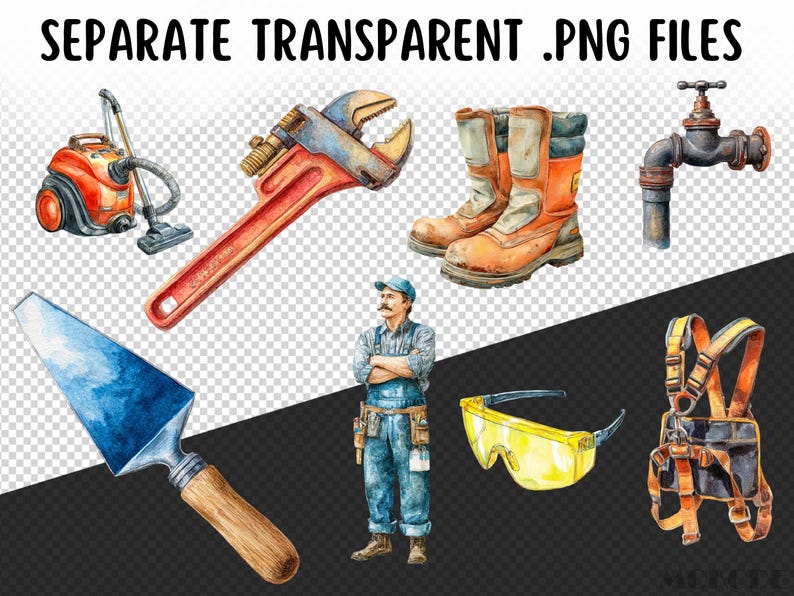 May include: Watercolor illustration of various construction tools and equipment, including a red adjustable wrench, orange work boots, a vacuum cleaner, and a construction worker. The image also features a trowel, safety glasses, and a harness.