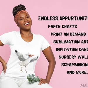 May include: A woman wearing a white t-shirt with a seagull graphic. The text "ENDLESS OPPURTUNITIES: PAPER CRAFTS PRINT ON DEMAND SUBLIMATION ART INVITATION CARDS NURSERY WALL ART SCRAPBOOKING AND MORE... MOKODE" is visible in the background.