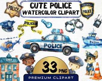 Conjunto de imágenes prediseñadas de policía en acuarela, lindos gráficos de comisaría (33 PNG) (uso comercial)
