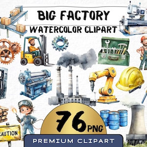 Puede incluir: Un conjunto de 76 imágenes de clipart de acuarela que representan una fábrica. Las imágenes incluyen una variedad de equipos de fábrica, trabajadores y otros elementos industriales. Las imágenes son de estilo de dibujos animados y son perfectas para usar en scrapbooking digital, creación de tarjetas y otros proyectos de manualidades.