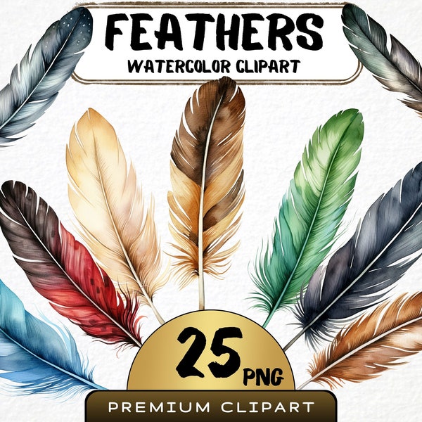Watercolor Feather Clipart, 25 Png, Colorful Bird Feathers, Feather Illustration, Bird Clipart, Digital Prints, Scrapbooking, Commercial Use