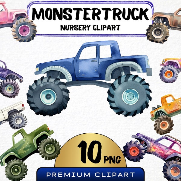 Watercolor Monstertruck Nursery Clipart, 10 Png, Cool Vehicles Art, Cute Monstertruck Graphics, Digital Prints, Scrapbooking, Nursery Car