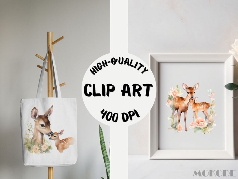 Mama & Baby Deer Clipart 10 Png, Fawn and Does Animal Nursery, Soft Pastel Woodland, Watercolor Graphics, Scrapbooking, Instant Download image 3