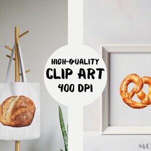 May include: Two watercolor illustrations of baked goods: a pretzel and a loaf of bread. The pretzel is brown and has a glossy finish. The bread is light brown and has a slightly rough texture. Both illustrations are set against a white background.