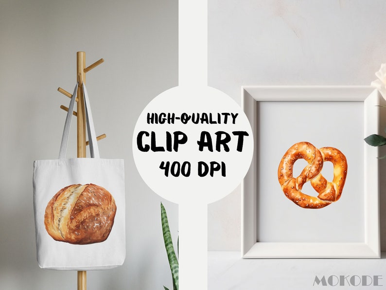 May include: Two watercolor illustrations of baked goods: a pretzel and a loaf of bread. The pretzel is brown and has a glossy finish. The bread is light brown and has a slightly rough texture. Both illustrations are set against a white background.