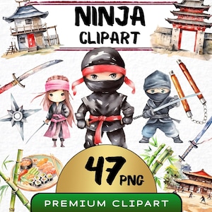 Cute Ninja Watercolor Clipart, 47 Ancient Japanese Warrior Ninja Graphics, Ninja Nursery Png, Japanese Katana Clipart, Kids Nursery Crafting